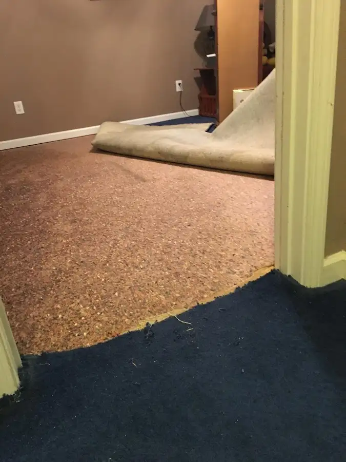 Carpet pad removal revealing water damage during Drying & Dehumidification in Peru